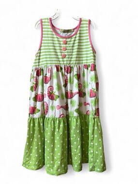 Green & Pink Striped Sleeveless Girls Dress with Chameleon Print